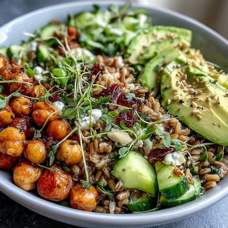 Vibrant Ancient Grains Bowl brimming with farro, quinoa, and chickpeas.