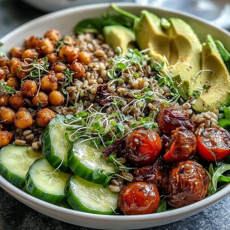 Hearty ancient grains bowl with farro, quinoa, and fresh vegetables ready to eat.