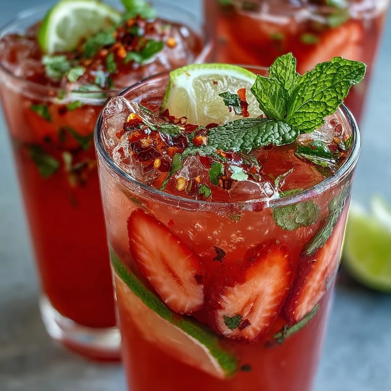 Delectable Fricy Strawberry Chili Limeade Mocktail, featuring sweet strawberries and a zesty kick.