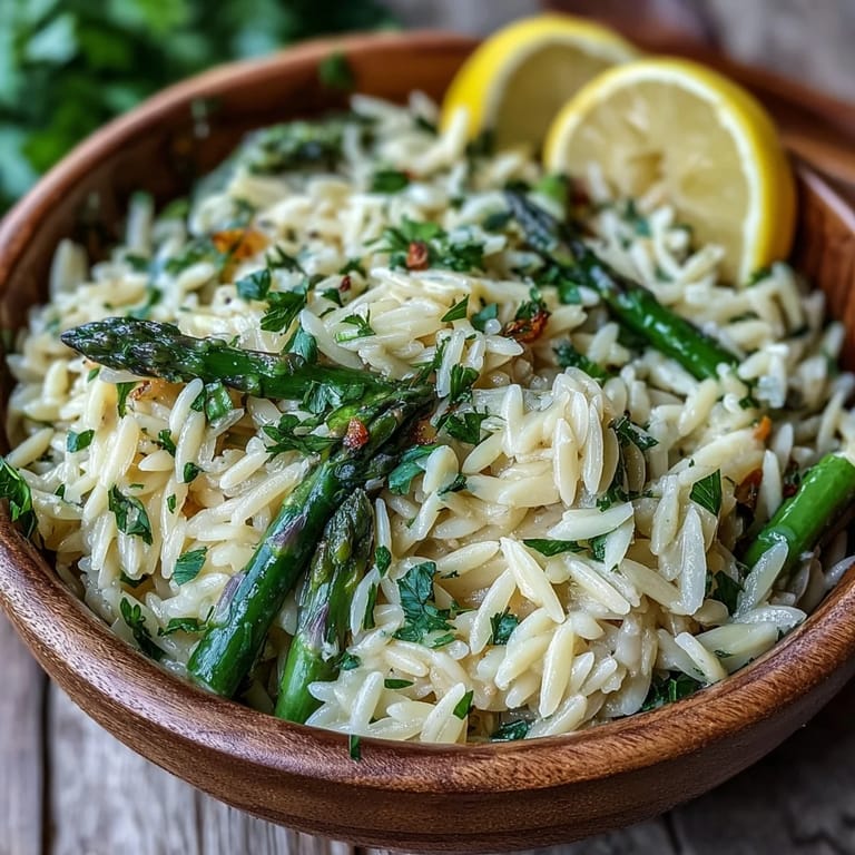Close-up of delicious lemon butter orzo and asparagus, a beautiful springtime vegetarian entree.