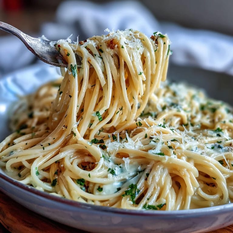 Golden garlic butter coats al dente spaghetti, topped with fresh Parmesan.