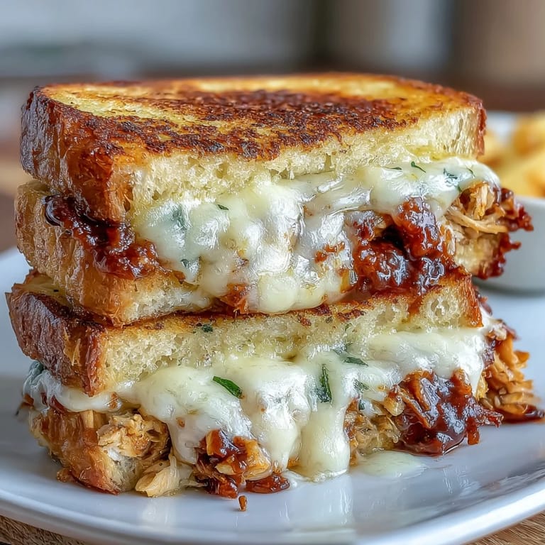 Gooey mozzarella and BBQ chicken stuffed between buttery, grilled sourdough bread.