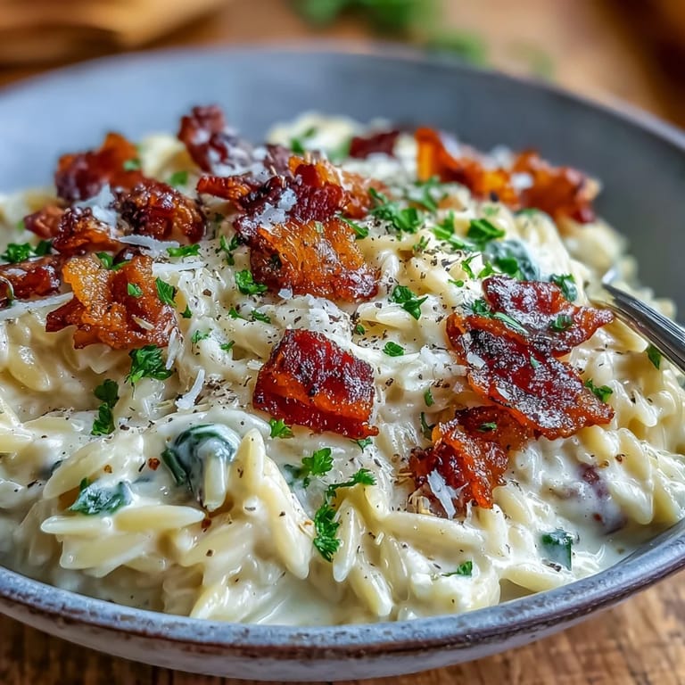 Hearty orzo carbonara, generously seasoned and perfect for an easy dinner.