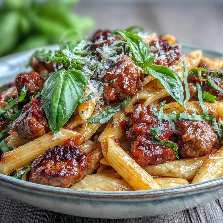 Hearty Creamy Tomato Sausage Pasta, featuring al dente pasta coated in sauce.