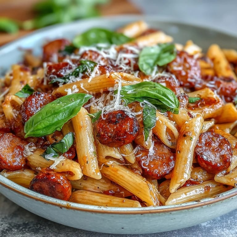 Delicious Creamy Tomato Sausage Pasta, topped with fresh basil and Parmesan.