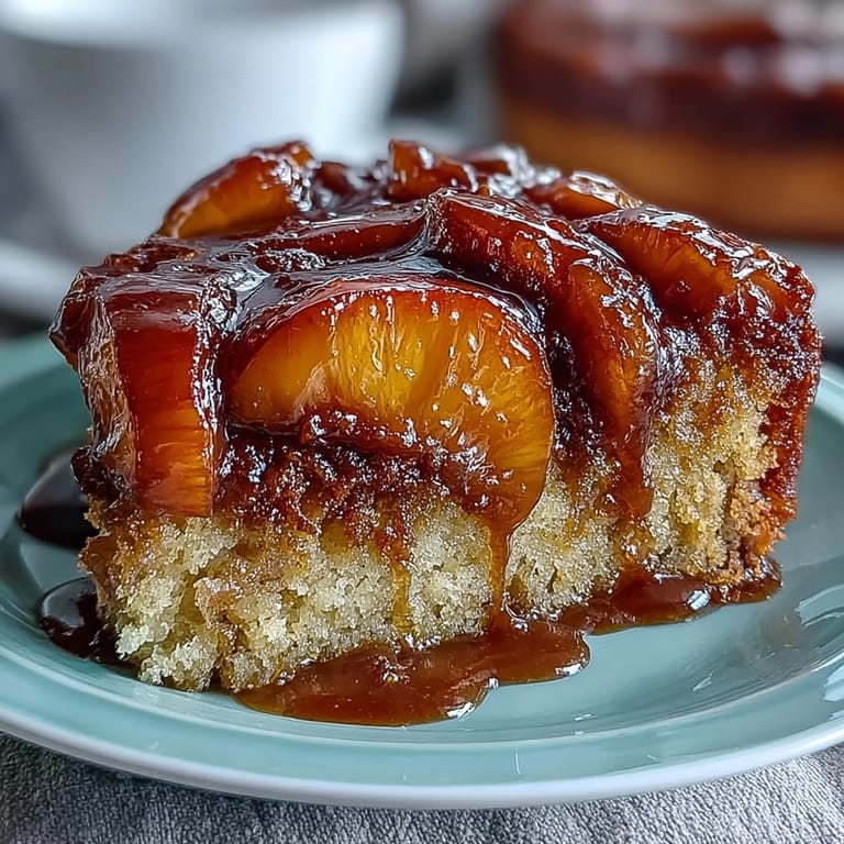 Delicious summer dessert: brown sugar peach upside-down cake, perfect warm with ice cream.