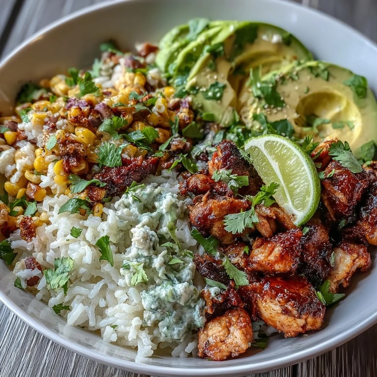 Savory Street Corn Chicken Rice Bowls ready with colorful toppings and fluffy rice.