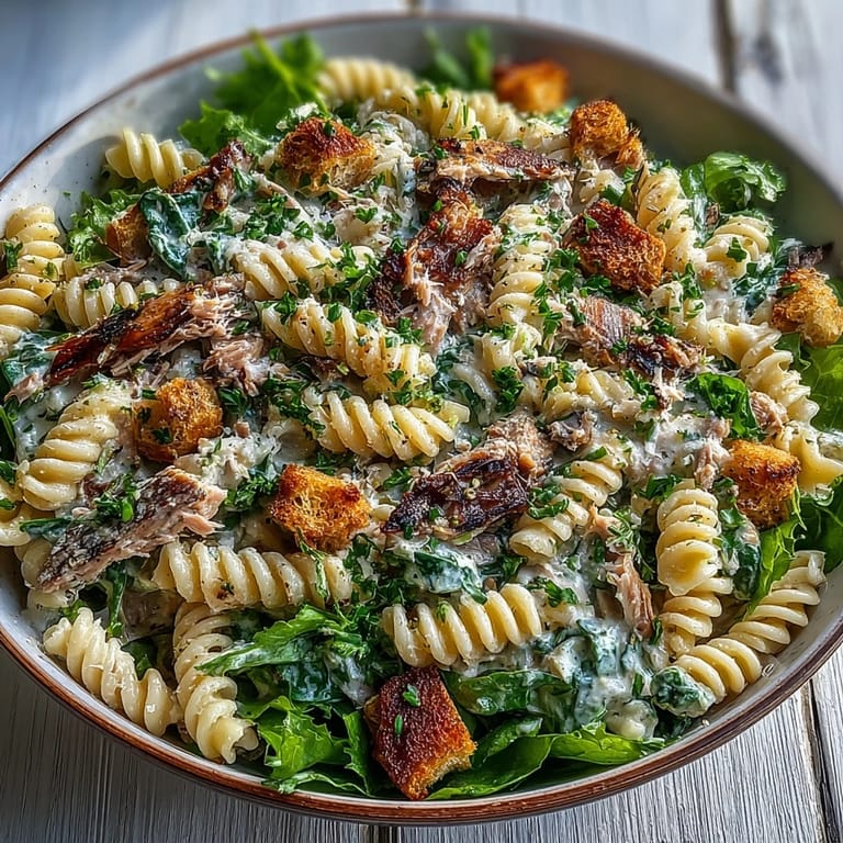 Flavorful Sardine Caesar Pasta Salad with mixed greens, creamy Caesar, and savory fish pieces.