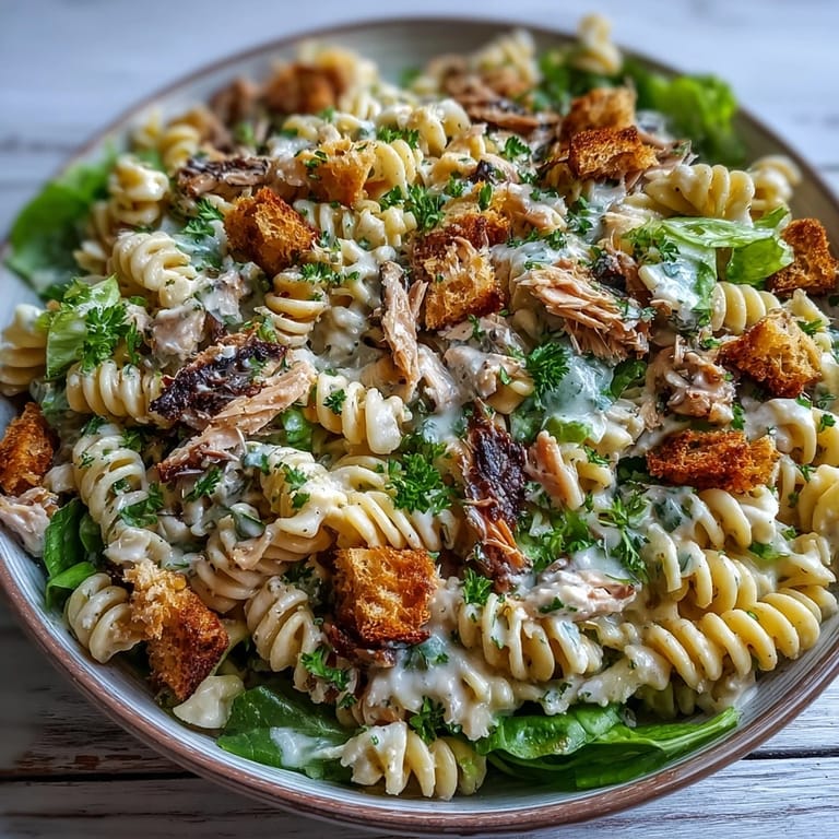 A hearty Sardine Caesar Pasta Salad featuring flaky fish and toasted croutons, perfectly dressed.