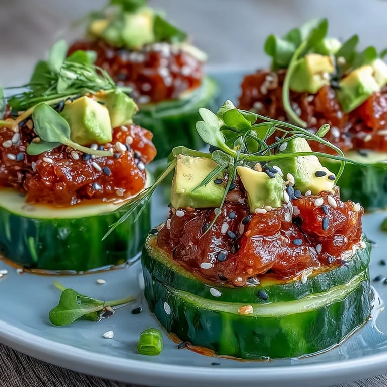 Delicious appetizers: Spicy Tuna Pickle Poke Cups topped with avocado and sesame seeds.