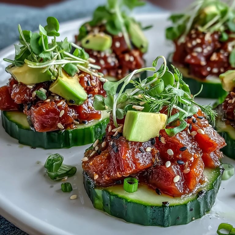 Fresh, bite-sized Spicy Tuna Pickle Poke Cups with a zesty, flavorful kick.
