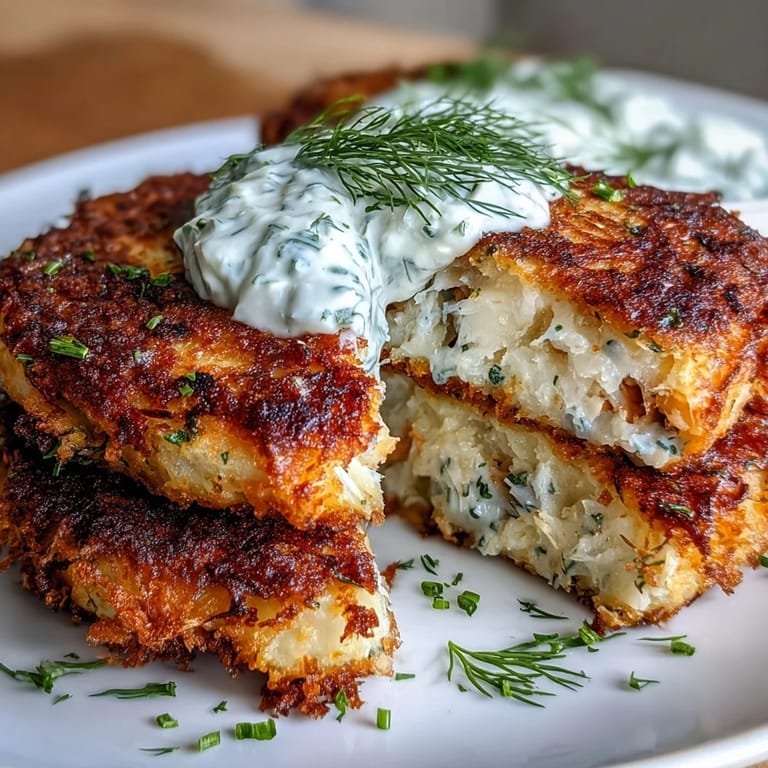 Flaky mackerel potato cakes, pan-fried to perfection, with a bright dill yogurt dip.