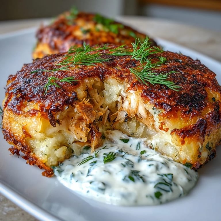 Deliciously golden, tender mackerel potato cakes served alongside a creamy dill yogurt swirl.