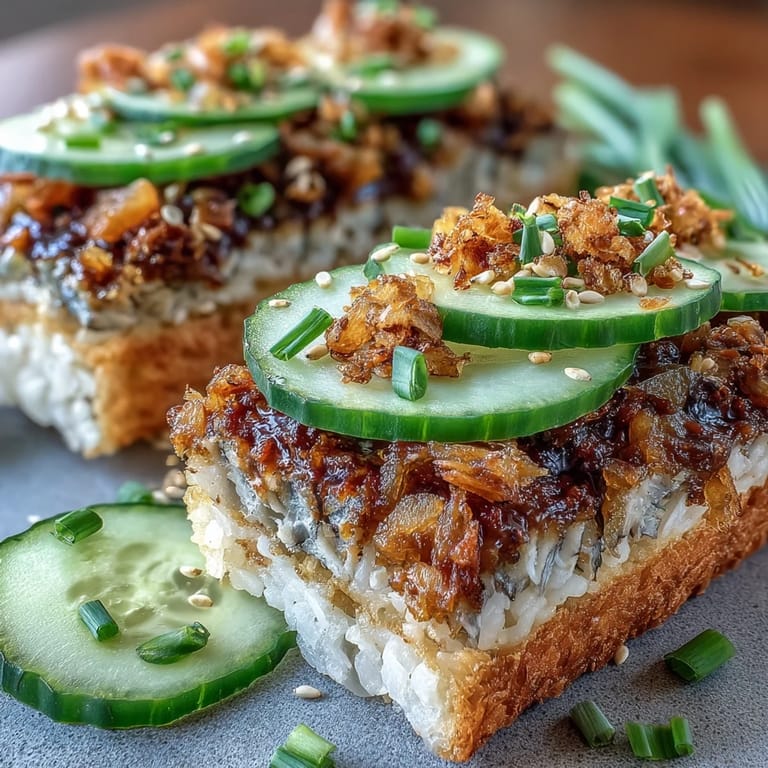 Savory Crispy Rice Sardine Toasts with flaked fish and vibrant chives, ready to serve.