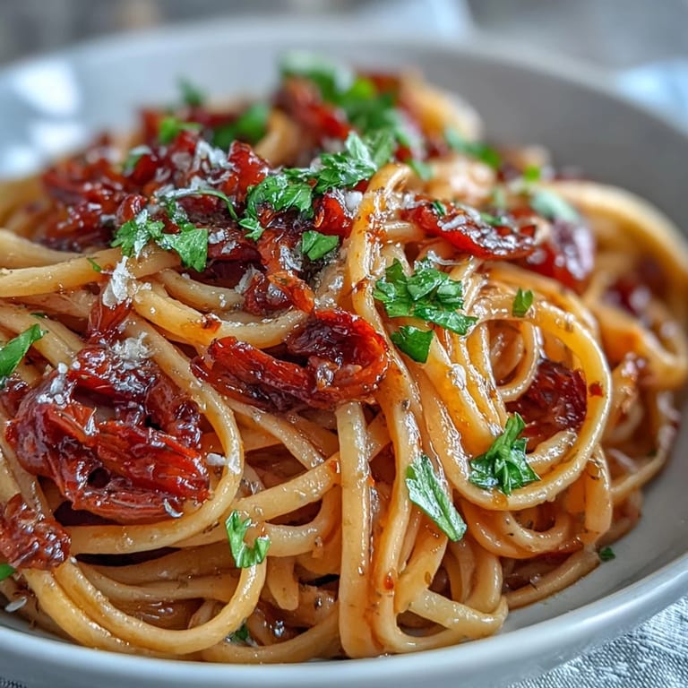 A tempting close-up of Smoky Anchovy Tomato Butter Pasta, glistening with herbs.