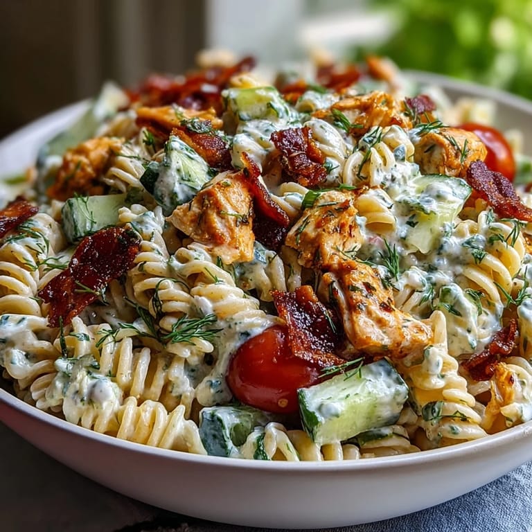 A vibrant bowl of Chicken Bacon Ranch Pasta Salad featuring crunchy bacon bits and fresh veggies.