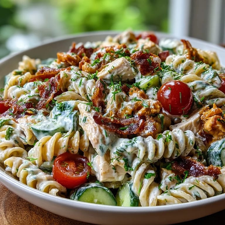 Delicious Chicken Bacon Ranch Pasta Salad with tender chicken and creamy ranch, ideal for summer.