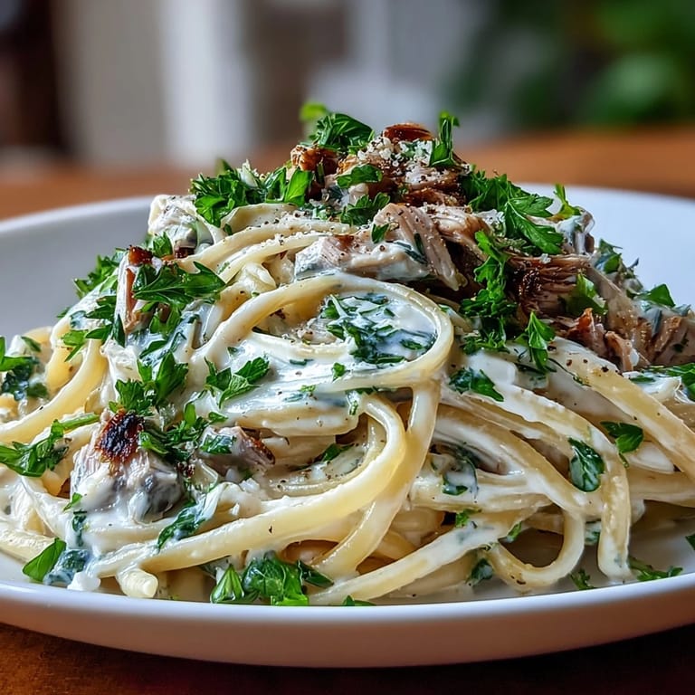 Close-up of al dente spaghetti coated in vibrant creamy sardine lemon pasta sauce.