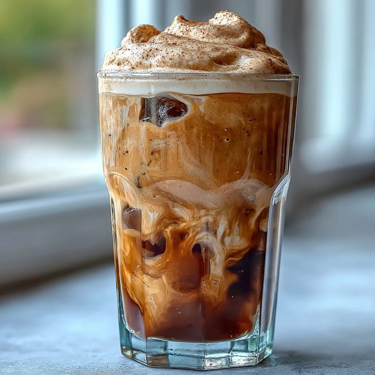 Velvety pumpkin spice cold foam tops chilled coffee for a delightful beverage.