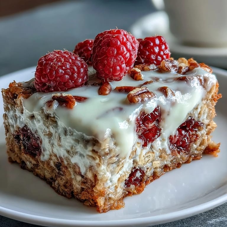 Sweet and tangy Raspberry Cream Cheese Baked Oatmeal ready to serve for brunch.