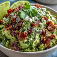 A serving bowl of Bacon Guacamole With Cotija Cheese, topped with extra crumbled bacon and fresh cilantro.