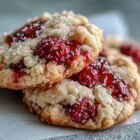 Freshly baked Soft Chewy Raspberry Sugar Cookies on a cooling rack, glistening with a sparkling sugar crust and bursting with ruby-red berry pieces.