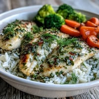 Golden herb-baked tilapia fillets on fluffy white rice with bright green broccoli and orange carrots.