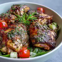 Grilled chicken and veggie bowl with zesty lemon vinaigrette, fresh greens, and colorful vegetables. A healthy, flavorful meal perfect for lunch or dinner.