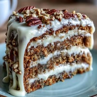Moist carrot and walnut spring layer cake with rich cream cheese frosting and crunchy walnuts.  