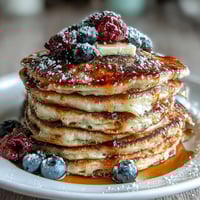 Fluffy baked blueberry pancake casserole with golden edges, juicy berries bursting in every bite, perfect for a cozy weekend brunch.