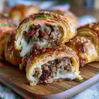 Mini pigs in a blanket with dipping sauce served on a white platter, golden pastry-wrapped sausages glistening with egg wash.