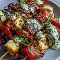 Colorful grilled vegetable skewers bursting with summer flavors, served with vibrant chimichurri sauce for a healthy, plant-based meal.  