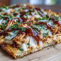 Smoky BBQ chicken flatbread pizza with melty mozzarella, red onion, and fresh cilantro on crispy flatbread.  
