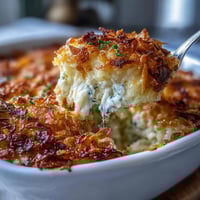 Golden cheesy hash brown casserole with crispy cornflake topping and melted cheddar.