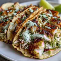 Coconut lime grilled fish tacos with vibrant slaw and tangy crema, perfect for a light summer meal.  