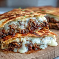 Golden-brown Cinco de Mayo Birria Quesadillas with cheese and tender shredded beef.