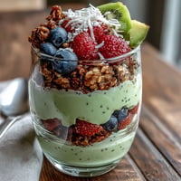 Creamy Fiber-Rich Avocado Chia Pudding Parfait layered with berries and granola.
