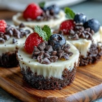 Mini cheesecake bites with Oreo crust, creamy filling, and chocolate drizzle detail.