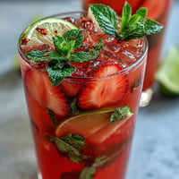Vibrant Fricy Strawberry Chili Limeade Mocktail with fresh lime and spicy chili notes.