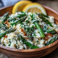 Vibrant lemon butter orzo with tender asparagus, a bright, easy Mediterranean main dish.