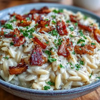 Creamy orzo carbonara, a quick dish with crispy pancetta and parmesan.