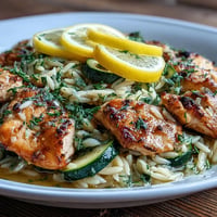 Golden lemon chicken and zucchini orzo dish, a flavorful one-pan meal.