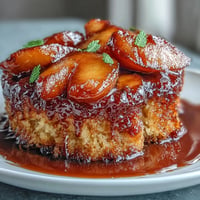 Golden brown sugar peach upside-down cake with caramelized fruit, ready to serve.