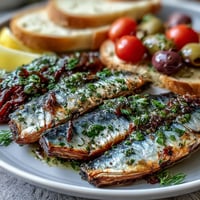 Vibrant Lemon Herb Tinned Fish Picnic Board with colorful veggies and crusty bread.
