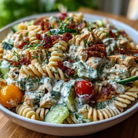 Creamy Chicken Bacon Ranch Pasta Salad ready to serve, a hearty dish perfect for any gathering.