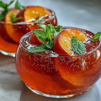 Sparkling Peach Bellini Jello Cups with fresh peach garnish, perfect for celebrations.