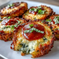 Golden crispy zucchini pizza bites topped with melted mozzarella and red sauce.