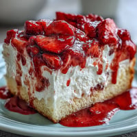 A slice of Strawberry Horchata Tres Leches Cake with fresh berries.