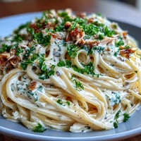 Delicious creamy sardine lemon pasta shimmering under soft light, ready to serve.
