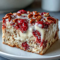 Close-up of warm Raspberry Cream Cheese Baked Oatmeal with creamy swirls.